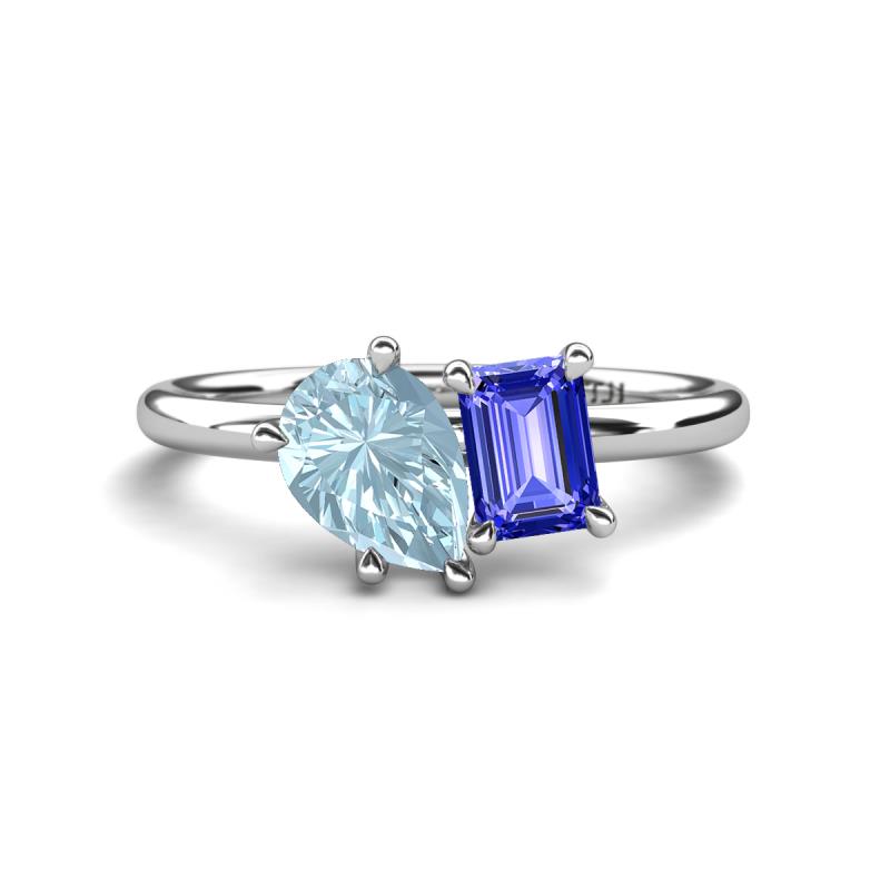 Nadya Pear Shape Aquamarine & Emerald Shape Tanzanite 2 Stone Duo Ring 