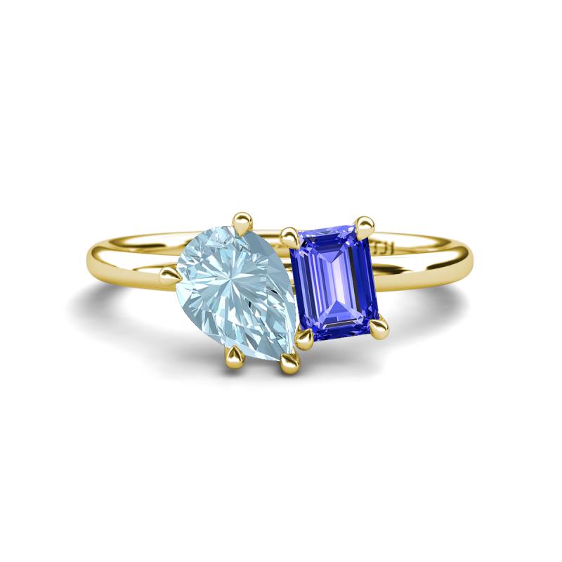 Nadya Pear Shape Aquamarine & Emerald Shape Tanzanite 2 Stone Duo Ring 