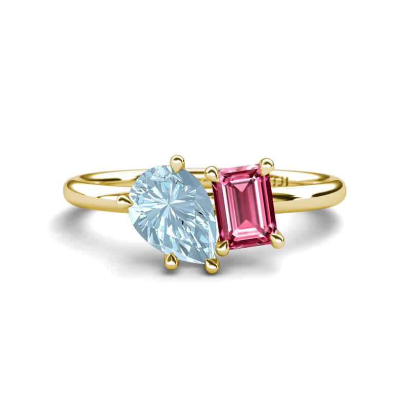 Nadya Pear Shape Aquamarine & Emerald Shape Pink Tourmaline 2 Stone Duo Ring 