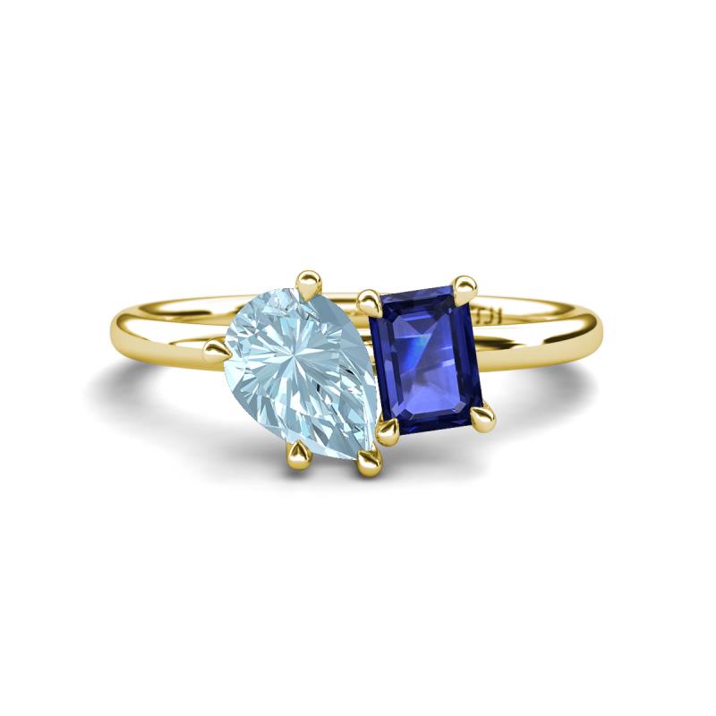 Nadya Pear Shape Aquamarine & Emerald Shape Iolite 2 Stone Duo Ring 