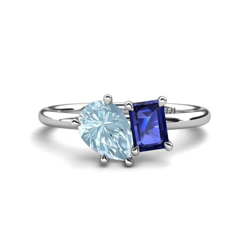 Nadya Pear Shape Aquamarine & Emerald Shape Iolite 2 Stone Duo Ring 