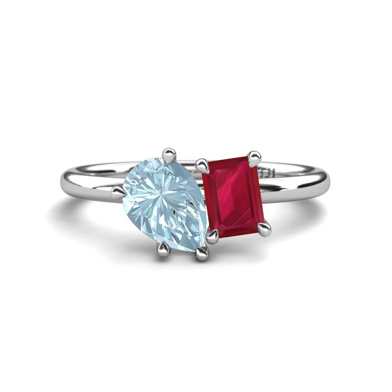 Nadya Pear Shape Aquamarine & Emerald Shape Ruby 2 Stone Duo Ring 