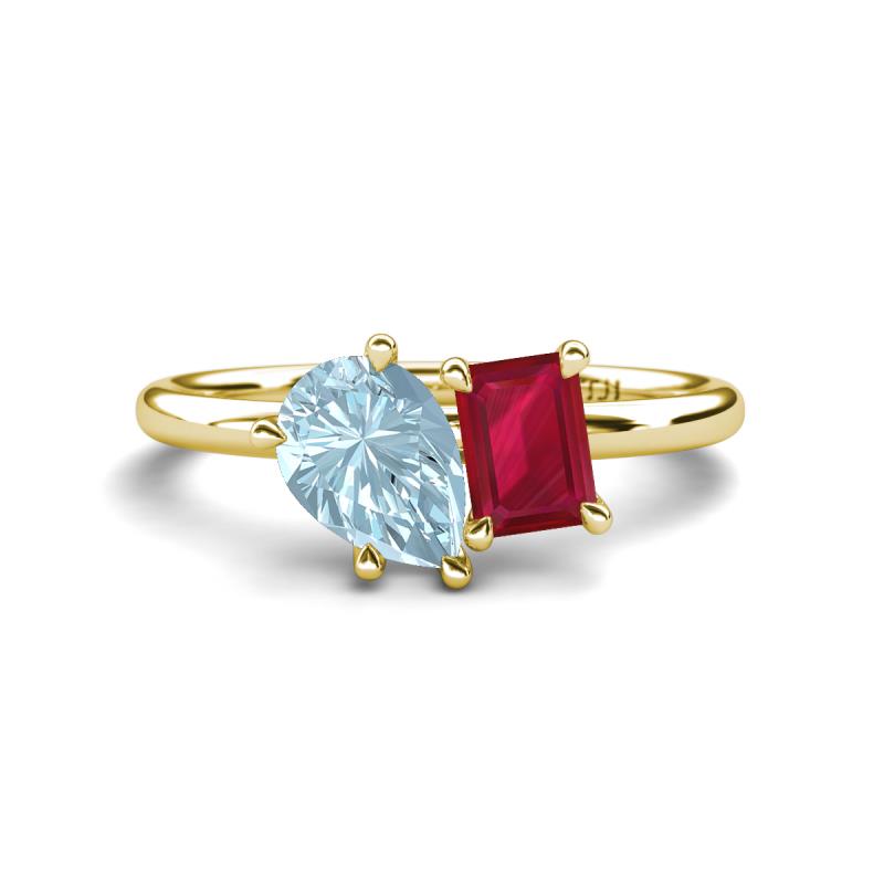 Nadya Pear Shape Aquamarine & Emerald Shape Ruby 2 Stone Duo Ring 