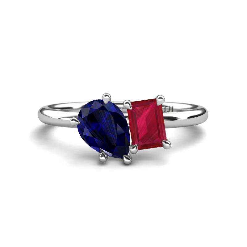 Nadya Pear Shape Lab Created Blue Sapphire & Emerald Shape Ruby 2 Stone Duo Ring 