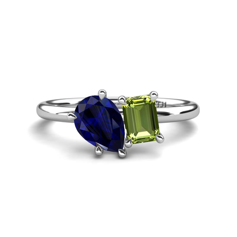 Nadya Pear Shape Lab Created Blue Sapphire & Emerald Shape Peridot 2 Stone Duo Ring 