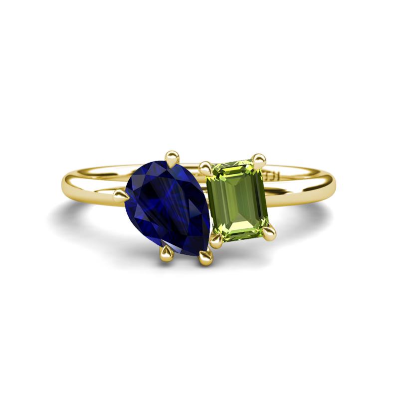 Nadya Pear Shape Lab Created Blue Sapphire & Emerald Shape Peridot 2 Stone Duo Ring 