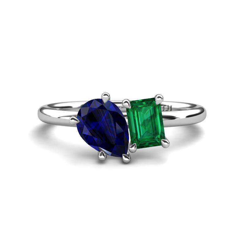 Nadya Pear Shape Lab Created Blue Sapphire & Emerald Shape Emerald 2 Stone Duo Ring 