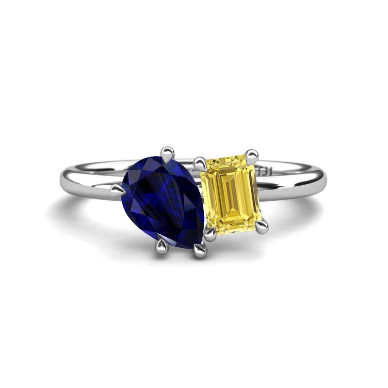 Nadya Pear Shape Lab Created Blue Sapphire & Emerald Shape Yellow Sapphire 2 Stone Duo Ring 