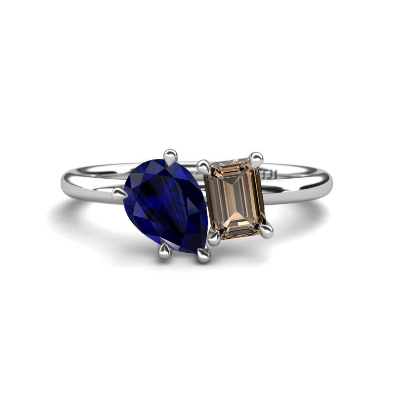 Nadya Pear Shape Lab Created Blue Sapphire & Emerald Shape Smoky Quartz 2 Stone Duo Ring 