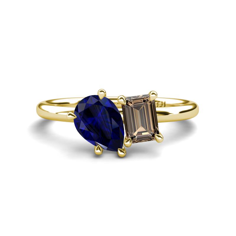 Nadya Pear Shape Lab Created Blue Sapphire & Emerald Shape Smoky Quartz 2 Stone Duo Ring 