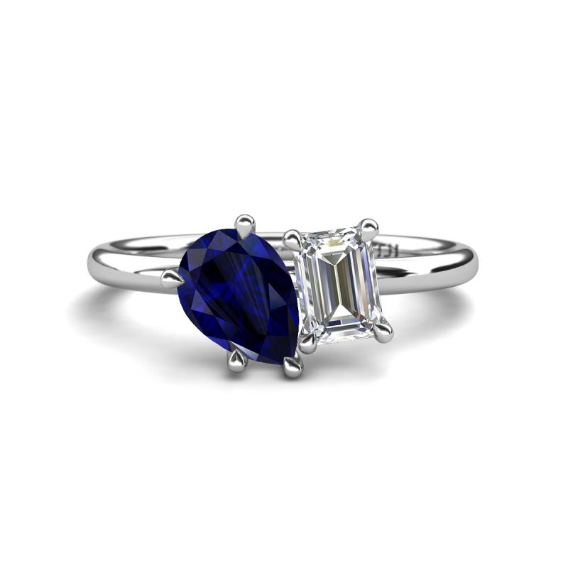 Nadya Pear Shape Lab Created Blue Sapphire & Emerald Shape Forever Brilliant Moissanite 2 Stone Duo Ring 