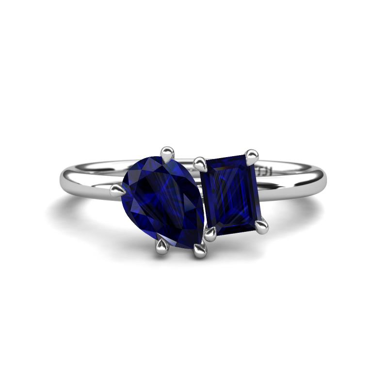Nadya Pear Shape Lab Created Blue Sapphire & Emerald Shape Blue Sapphire 2 Stone Duo Ring 