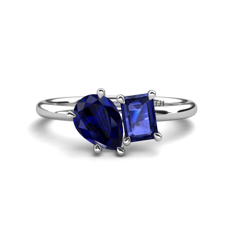 Nadya Pear Shape Lab Created Blue Sapphire & Emerald Shape Iolite 2 Stone Duo Ring 