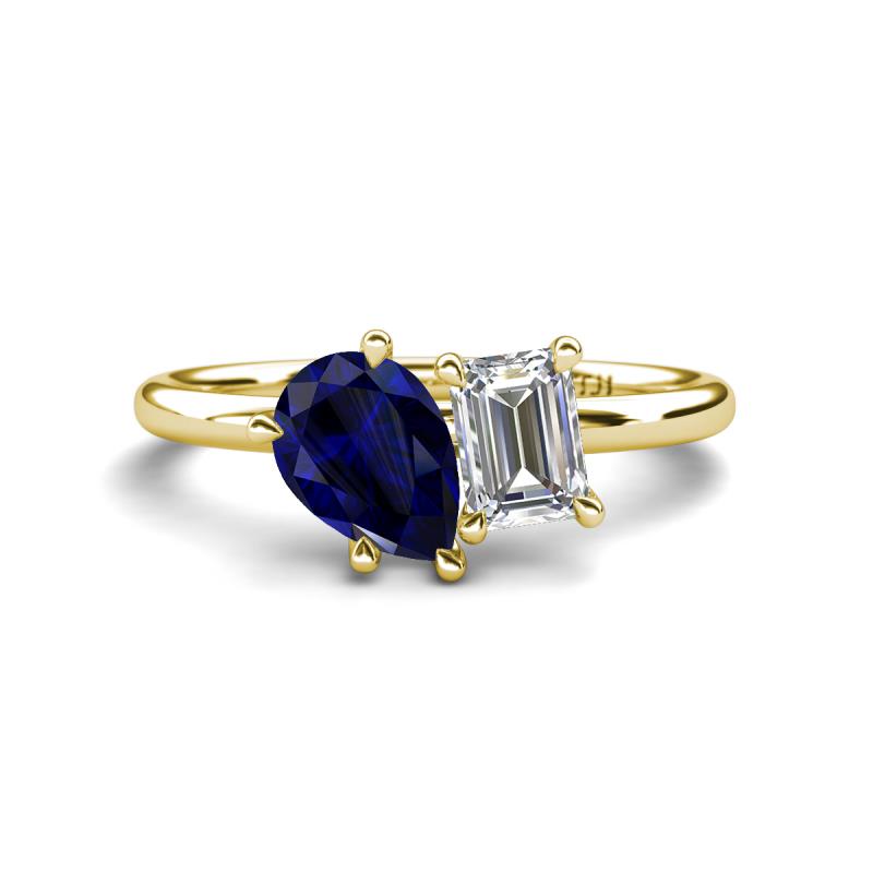 Nadya Pear Shape Lab Created Blue Sapphire & Emerald Shape GIA Certified Diamond 2 Stone Duo Ring 