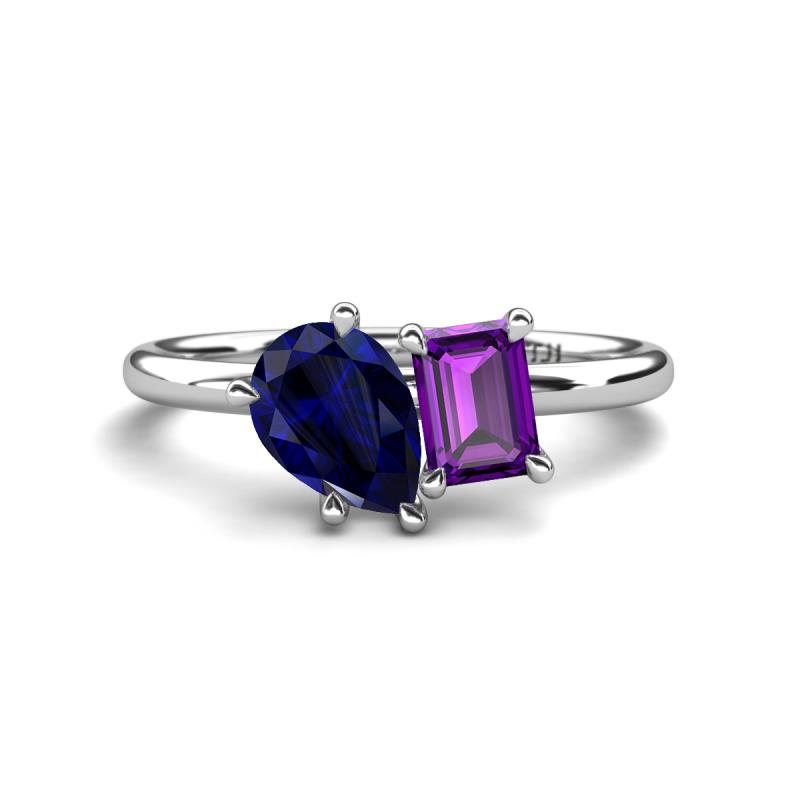 Nadya Pear Shape Lab Created Blue Sapphire & Emerald Shape Amethyst 2 Stone Duo Ring 
