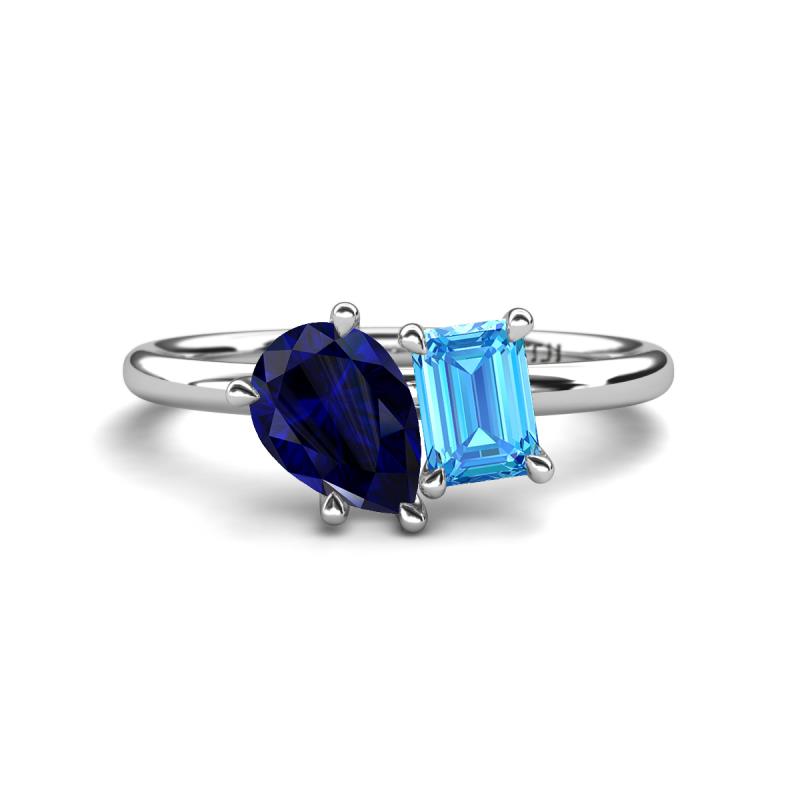Nadya Pear Shape Lab Created Blue Sapphire & Emerald Shape Blue Topaz 2 Stone Duo Ring 