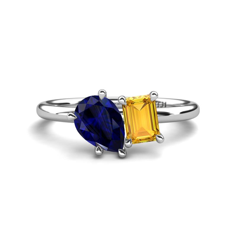 Nadya Pear Shape Lab Created Blue Sapphire & Emerald Shape Citrine 2 Stone Duo Ring 