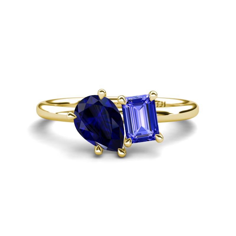 Nadya Pear Shape Lab Created Blue Sapphire & Emerald Shape Tanzanite 2 Stone Duo Ring 
