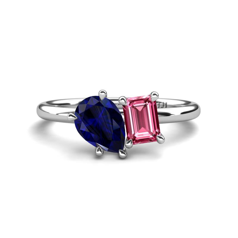 Nadya Pear Shape Lab Created Blue Sapphire & Emerald Shape Pink Tourmaline 2 Stone Duo Ring 