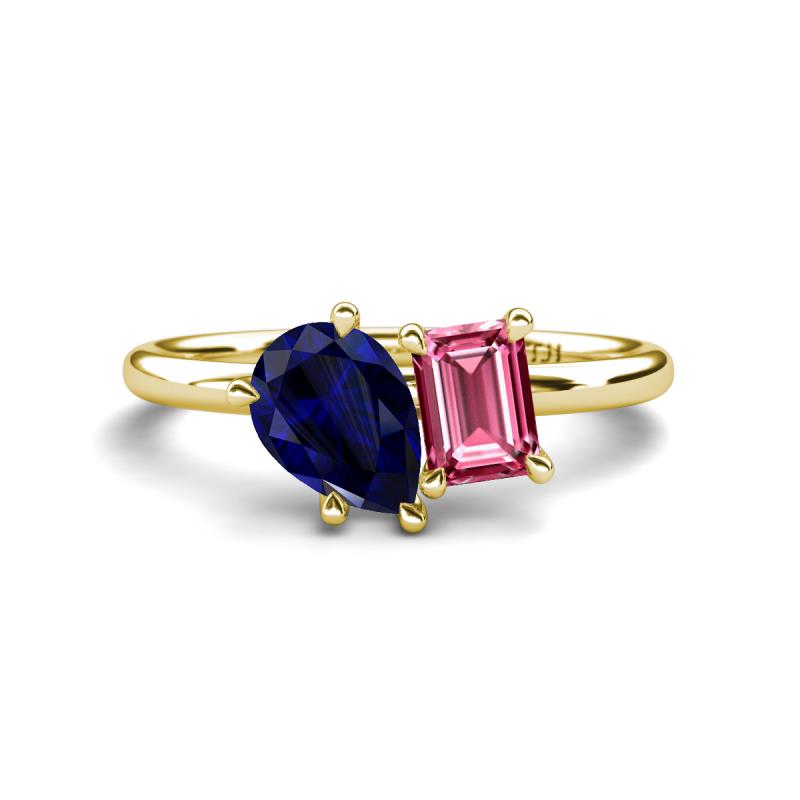 Nadya Pear Shape Lab Created Blue Sapphire & Emerald Shape Pink Tourmaline 2 Stone Duo Ring 