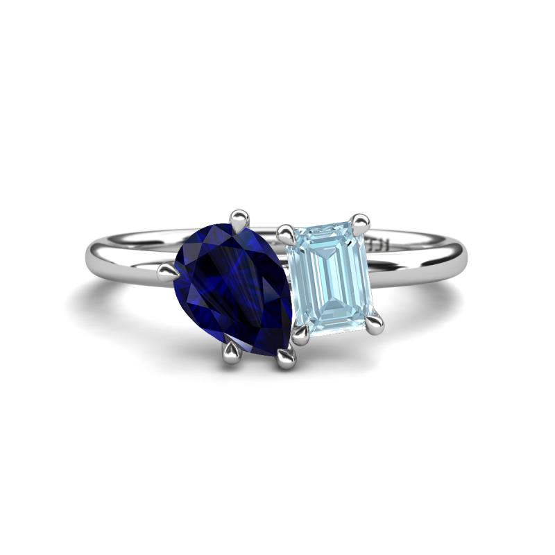 Nadya Pear Shape Lab Created Blue Sapphire & Emerald Shape Aquamarine 2 Stone Duo Ring 