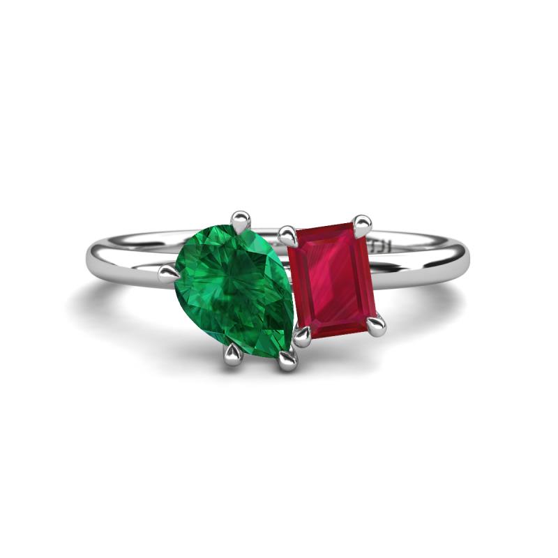 Nadya Pear Shape Lab Created Emerald & Emerald Shape Ruby 2 Stone Duo Ring 