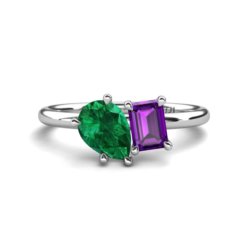 Nadya Pear Shape Lab Created Emerald & Emerald Shape Amethyst 2 Stone Duo Ring 