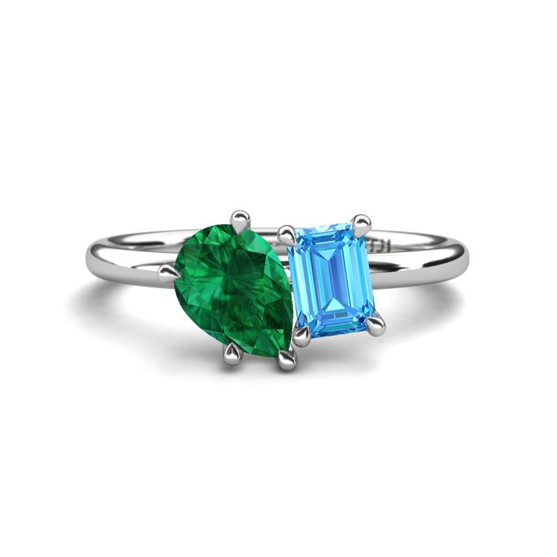 Nadya Pear Shape Lab Created Emerald & Emerald Shape Blue Topaz 2 Stone Duo Ring 