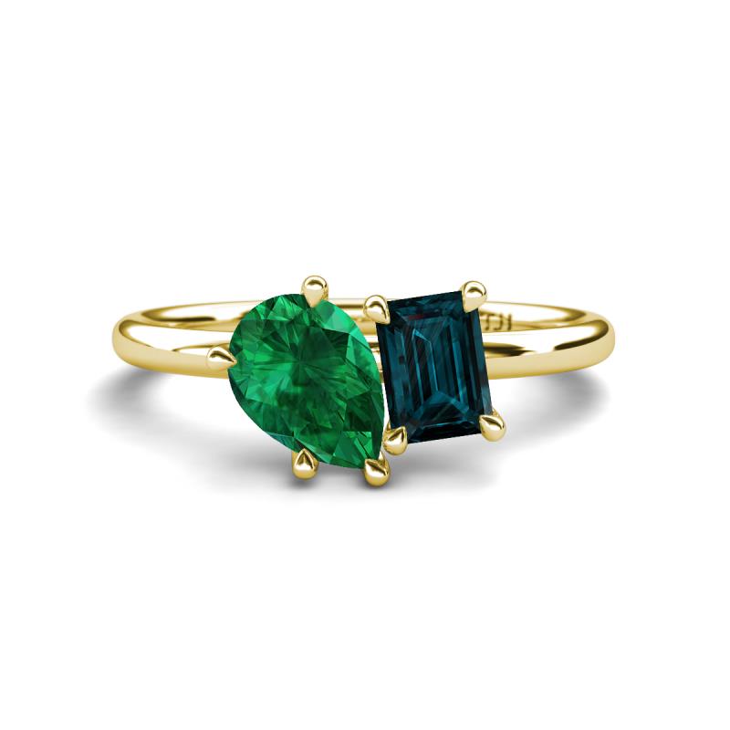 Nadya Pear Shape Lab Created Emerald & Emerald Shape London Blue Topaz 2 Stone Duo Ring 