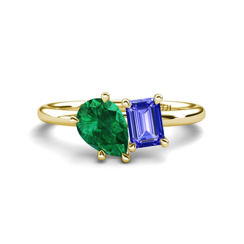 Nadya Pear Shape Lab Created Emerald & Emerald Shape Tanzanite 2 Stone Duo Ring 