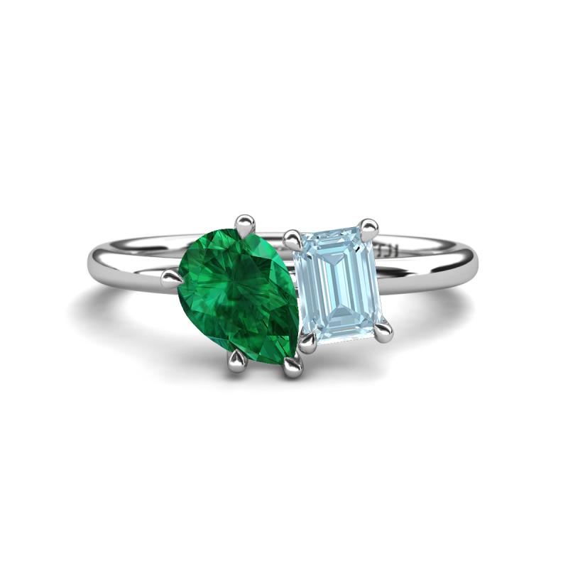 Nadya Pear Shape Lab Created Emerald & Emerald Shape Aquamarine 2 Stone Duo Ring 