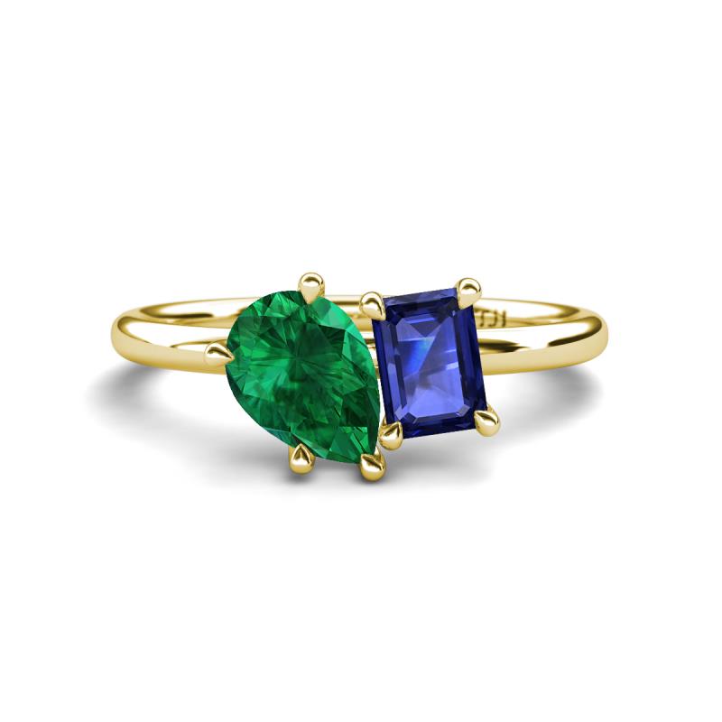 Nadya Pear Shape Lab Created Emerald & Emerald Shape Iolite 2 Stone Duo Ring 