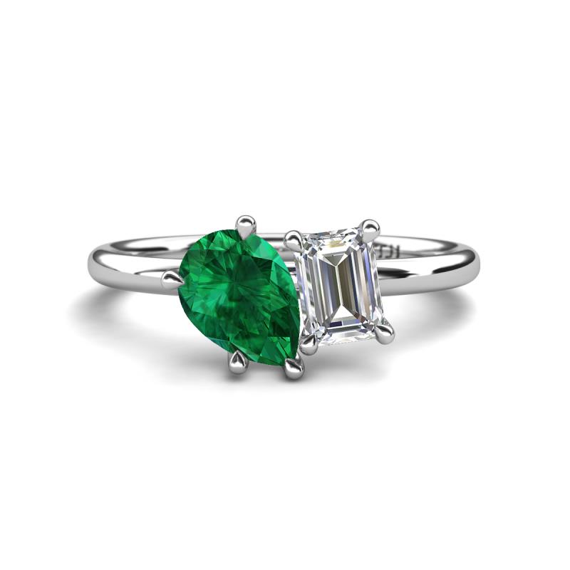 Nadya Pear Shape Lab Created Emerald & Emerald Shape Forever One Moissanite 2 Stone Duo Ring 