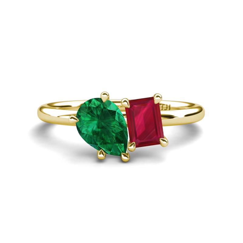 Nadya Pear Shape Lab Created Emerald & Emerald Shape Ruby 2 Stone Duo Ring 