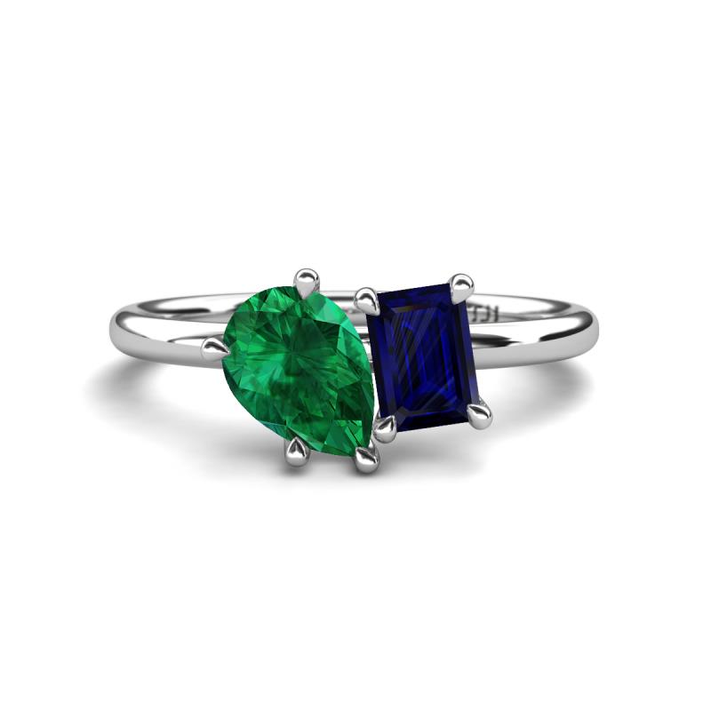 Nadya Pear Shape Lab Created Emerald & Emerald Shape Blue Sapphire 2 Stone Duo Ring 
