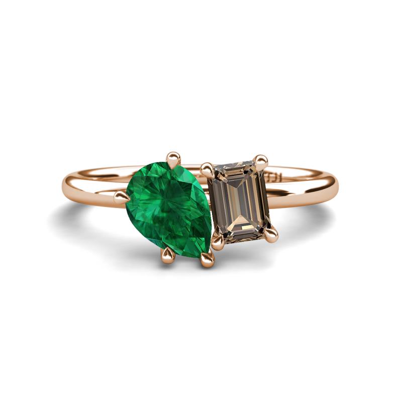 Nadya Pear Shape Lab Created Emerald & Emerald Shape Smoky Quartz 2 Stone Duo Ring 