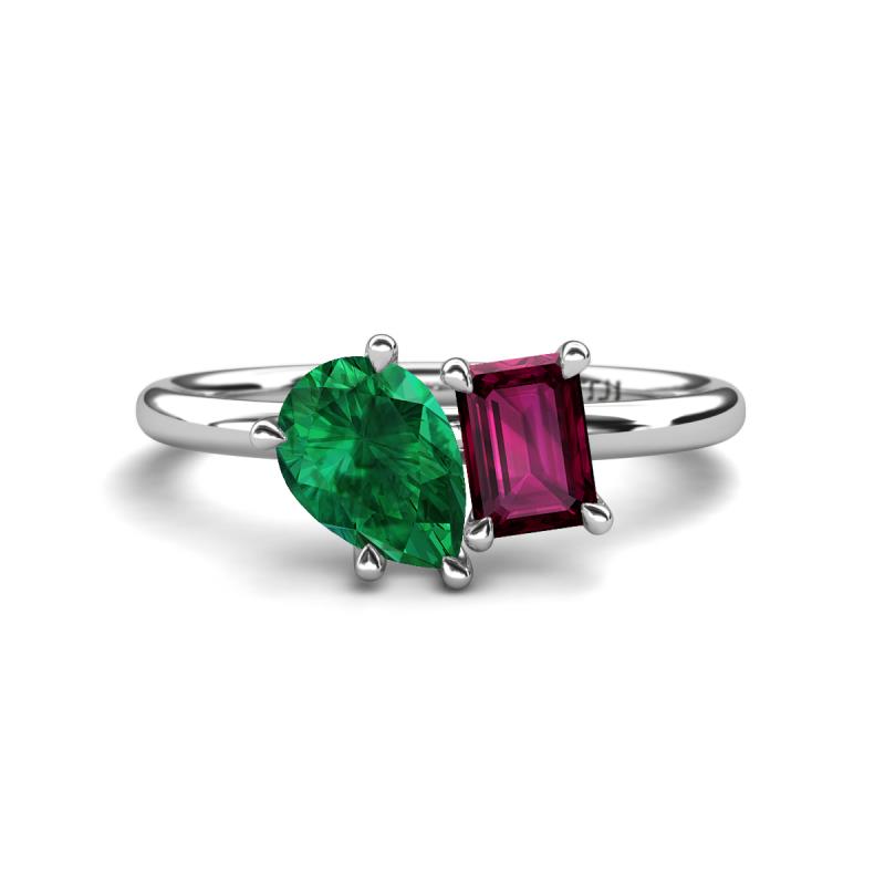 Nadya Pear Shape Lab Created Emerald & Emerald Shape Rhodolite Garnet 2 Stone Duo Ring 