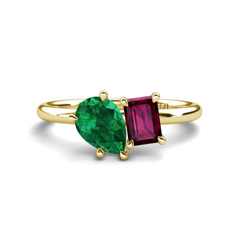 Nadya Pear Shape Lab Created Emerald & Emerald Shape Rhodolite Garnet 2 Stone Duo Ring 