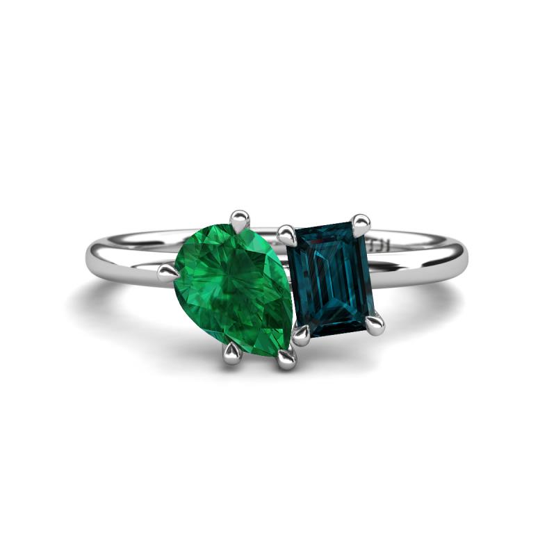 Nadya Pear Shape Lab Created Emerald & Emerald Shape London Blue Topaz 2 Stone Duo Ring 