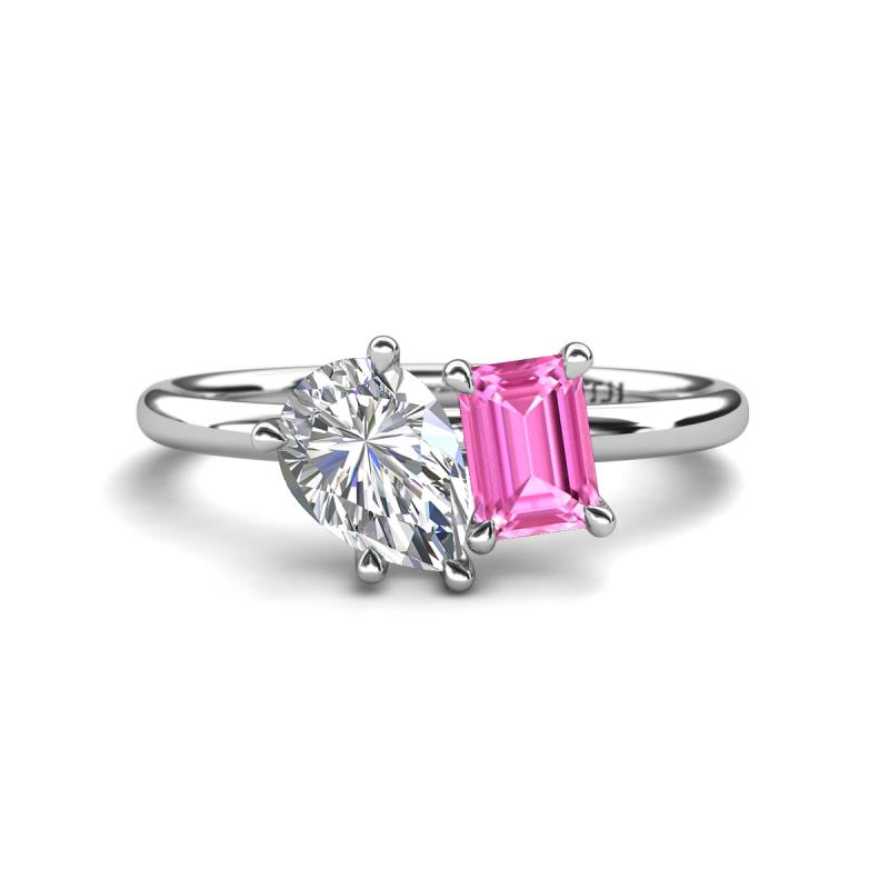 Nadya Pear Shape GIA Certified Diamond & Emerald Shape Pink Sapphire 2 Stone Duo Ring 