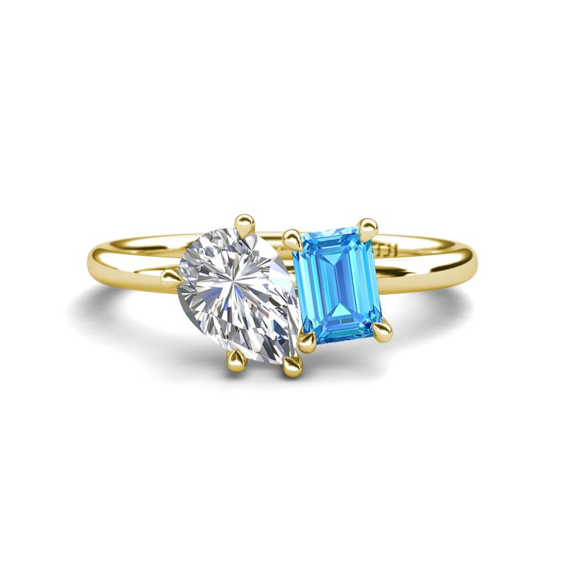 Nadya Pear Shape GIA Certified Diamond & Emerald Shape Blue Topaz 2 Stone Duo Ring 