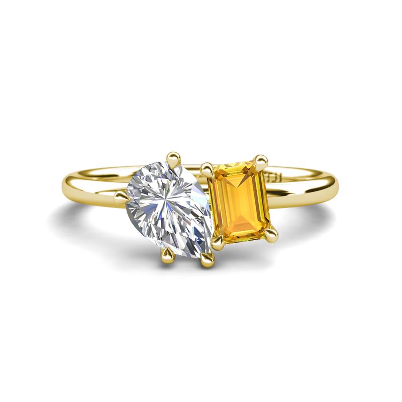 Nadya Pear Shape GIA Certified Diamond & Emerald Shape Citrine 2 Stone Duo Ring 