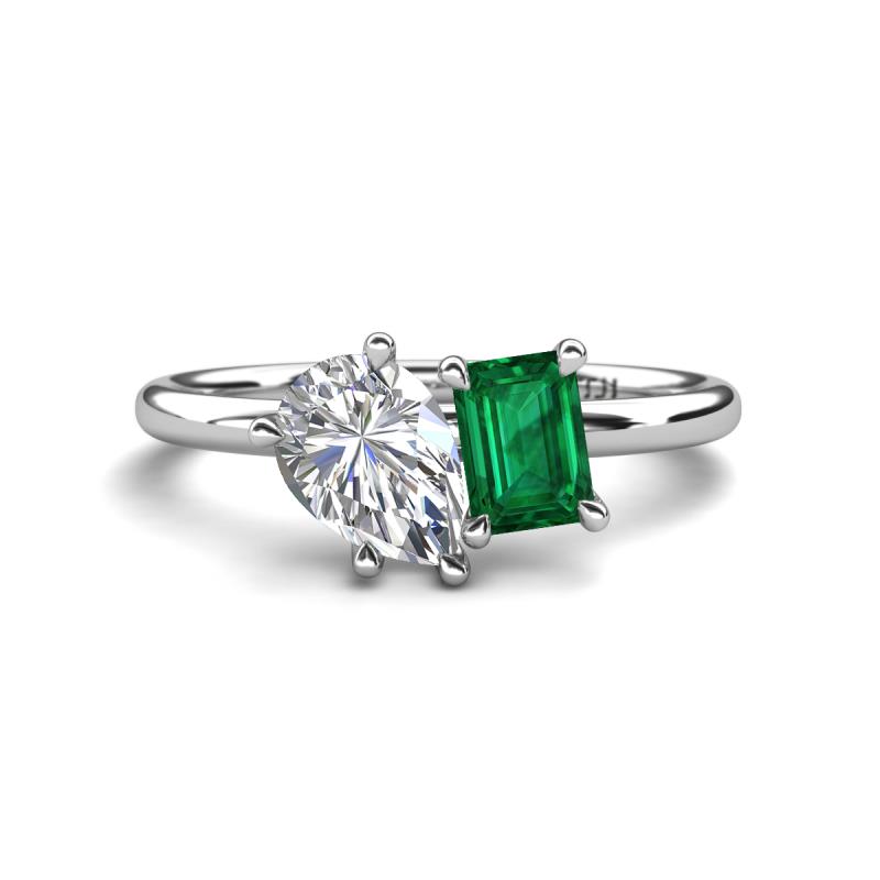 Nadya Pear Shape GIA Certified Diamond & Emerald Shape Emerald 2 Stone Duo Ring 