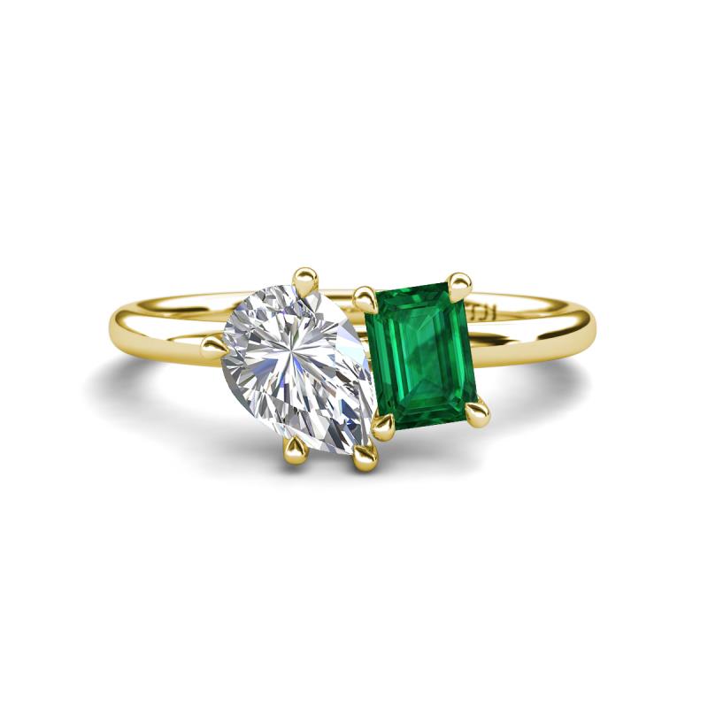 Nadya Pear Shape GIA Certified Diamond & Emerald Shape Emerald 2 Stone Duo Ring 