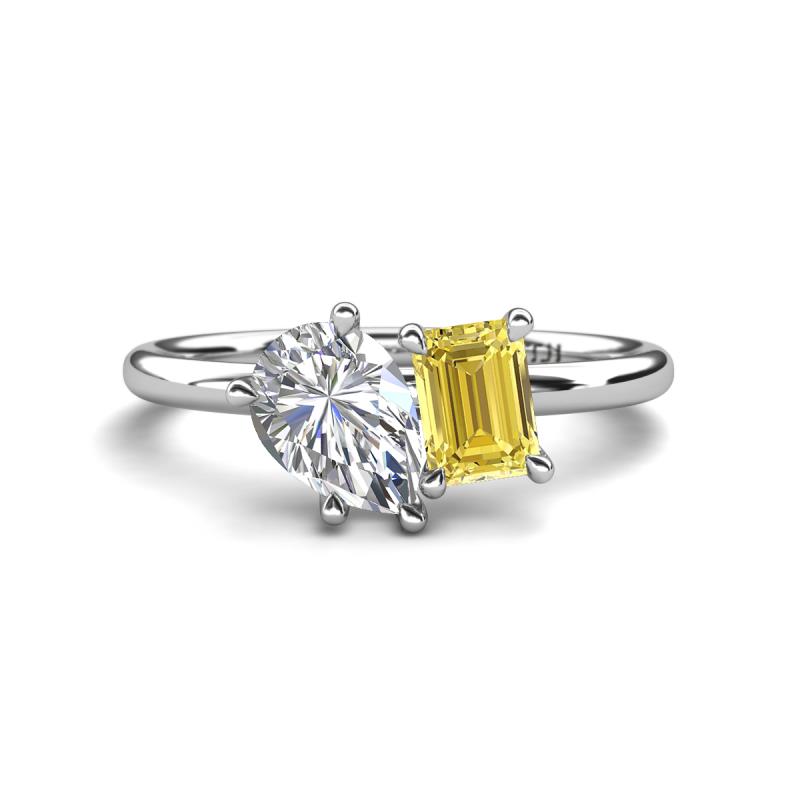 Nadya Pear Shape GIA Certified Diamond & Emerald Shape Yellow Sapphire 2 Stone Duo Ring 