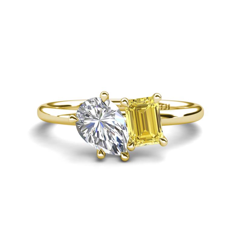 Nadya Pear Shape GIA Certified Diamond & Emerald Shape Yellow Sapphire 2 Stone Duo Ring 