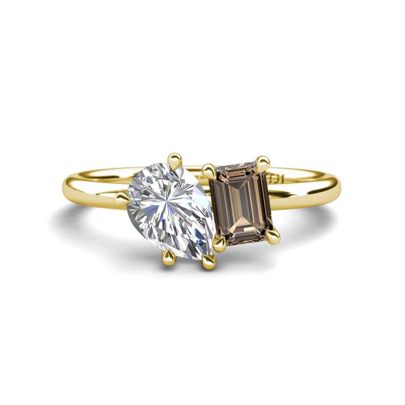 Nadya Pear Shape GIA Certified Diamond & Emerald Shape Smoky Quartz 2 Stone Duo Ring 
