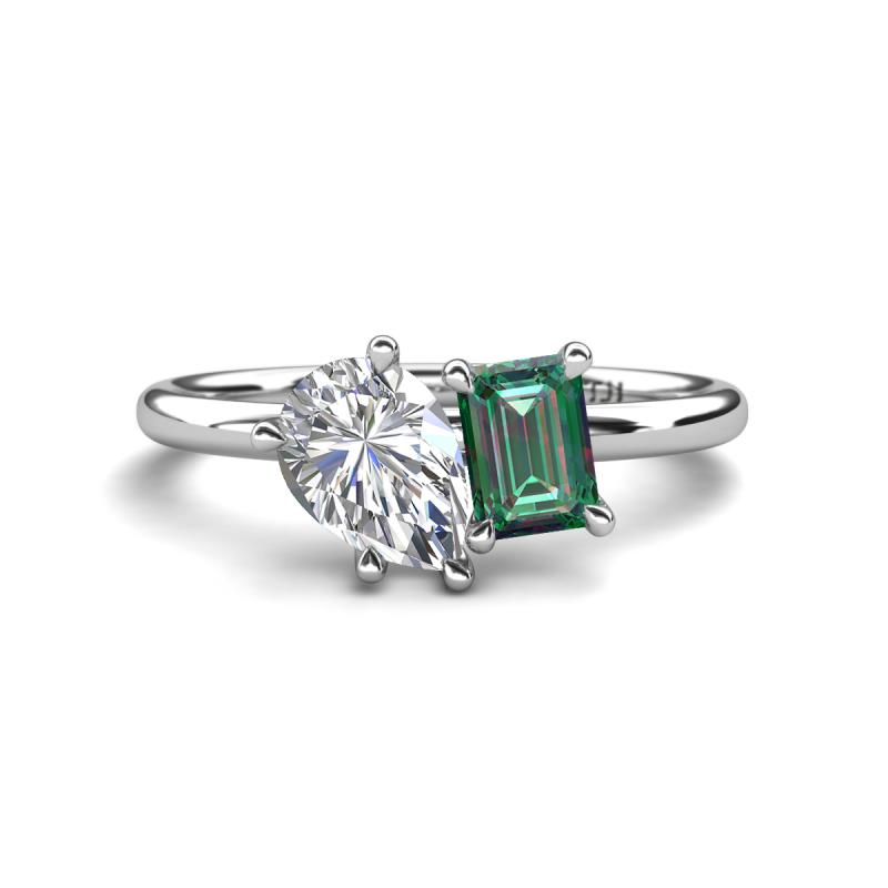 Nadya Pear Shape GIA Certified Diamond & Emerald Shape Lab Created Alexandrite 2 Stone Duo Ring 