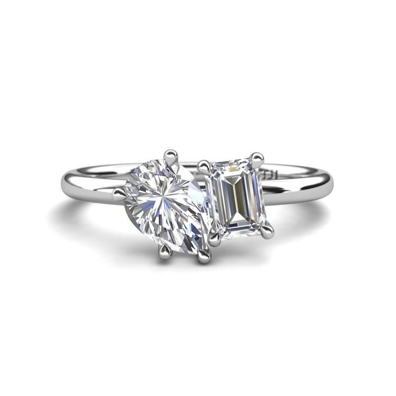 Nadya Pear Shape GIA Certified Diamond & Emerald Shape Forever Brilliant Moissanite 2 Stone Duo Ring 