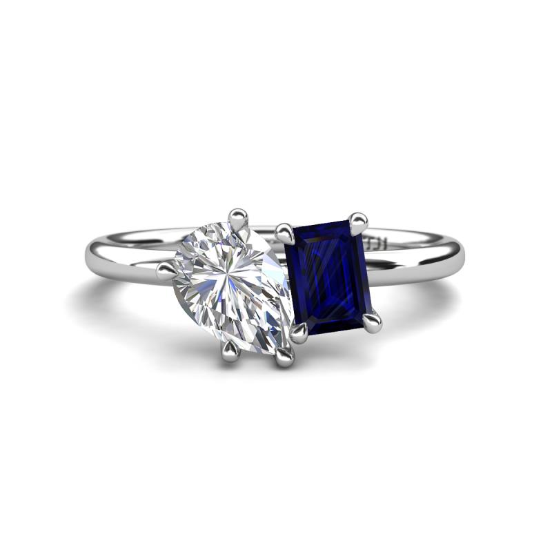 Nadya Pear Shape GIA Certified Diamond & Emerald Shape Blue Sapphire 2 Stone Duo Ring 